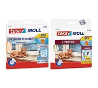 Tesa Calfeutrer Joint Portes & Fenêtres - Comble TOUS les espaces Premium - Joint en Silicone Adhésif - Transparent - 6 m x 9 mm x 7 mm & Calfeutrer Bourrelet caoutchouc profil D 6m x 9mm x 3-7mm