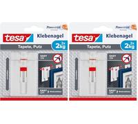 Tesa Clou Adhésif Ajustable pour Papier Peint & Plâtre 2kg - Hauteur Ajustable - Paquet de 2 Clous Adhésifs et 6 Languettes Adhésives (Lot de 2)