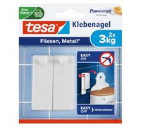 tesa Clou Adhésif pour Carrelage & Métal 3kg - Clou Autocollant pour Surfaces Lisses et Solides dans les Salles de Bains et Cuisines - 2 Clou Adhésif pour une Capacité de 3 kg