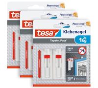 tesa Clous adhésifs pour papier peint et enduit - Réglables - 1 kg - 3 x 2 | Lot de 3 clous muraux autocollants réglables en hauteur - Toiles et châssis - Charge max. 1 kg/ clou - S'enlèvent sans traces