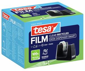 tesa Dévidoir de Bureau Smart Recycled et 1 Rouleau tesafilm Clear Recycled | Dérouleur avec ruban adhésif inclus, 10 m x 15 mm - Doté d'une base antidérapante pour un maintien sûr