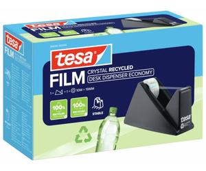 Tesa Easy Cut Economy Dévidoir de Bureau avec 1 Rouleau Crystal Recycled | Dérouleur avec ruban adhésif inclus, 10 m x 19 mm - Base antidérapante avec patin de protection