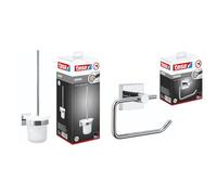 tesa EKKRO Garniture de WC, verre satiné et acier inoxydable chromé - Set de brosses à WC à fixer au mur sans percer + tesa EKKRO Distributeur de papier toilette - Porte-rouleau WC