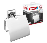 tesa EKKRO Porte-papier hygiénique avec couvercle - 140 mm x 53 mm x 128 mm | Porte-rouleau de papier toilette à fixation murale sans perçage - Métal chromé - Solution adhésive incluse