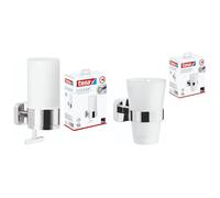 tesa ELEGAANT Ensemble distributeur de savon - Distributeur de savon liquide à fixer au mur sans percer, solution adhésive incluse + tesa ELEGAANT Gobelet à dents avec support - support mural chromé