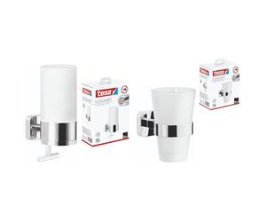tesa ELEGAANT Ensemble distributeur de savon - Distributeur de savon liquide à fixer au mur sans percer, solution adhésive incluse + tesa ELEGAANT Gobelet à dents avec support - support mural chromé