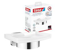 tesa ELEGAANT Porte-Savon avec Fixation Murale - 79 mm x 119 mm x 124 mm | Porte-savon à fixer au mur sans perçage - Verre satiné et métal chromé - Solution adhésive incluse