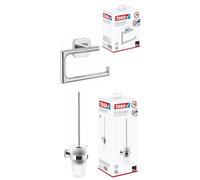 tesa ELEGAANT Support de Papier Toilette sans Couvercle + tesa ELEGAANT Set de brosses de Toilette, chromé, avec Verre satiné - pour Fixation Murale sans percer, Solution adhésive performante Incluse