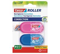 tesa Mini Roller de Correction EcoLogo - Pack de 2 Mini Rollers de Correction avec Design Ergonomique Multicolore - Dimension du Ruban: 6 m x 5 mm - Bleu/Rose