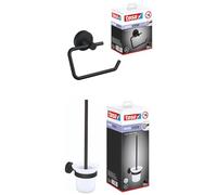 tesa Moon Black Set: Distributeur de Papier Toilette - Porte-Rouleau sans Couvercle pour Salle de Bain et Garniture de WC - Set avec Support & Brosse WC, Noir Mat- sans perçage