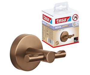 tesa MOON BRONZE Crochet pour peignoir - 65 mm x 50 mm x 53 mm | Crochet de salle de bains double à fixer au mur sans perçage - Métal avec revêtement PVD - Solution adhésive incluse