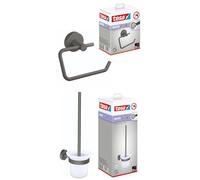 tesa Moon Grey Porte-Rouleau de Papier Toilette sans Couvercle - sans perçage, avec Solution adhésive + tesa Moon Grey Garniture WC, Set avec Support & Brosse WC - sans perçage