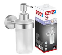 tesa Moon Kit Distributeur de Savon - 200 ML - 70 mm x 109 mm x 156 mm | Distributeur de savon liquide à fixer au mur sans perçage - Verre satiné - Aspect inox - Solution adhésive incluse