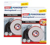 tesa Powerbond ULTRA STRONG Ruban de montage double face - 2 x 1,5 m | Lot de 2 rubans adhésifs de montage double face ultra-résistants - Fixation permanente à l'extérieur et à l'intérieur