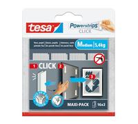 tesa Powerstrips CLICK Medium - charge maximale de 5,4 kg - 16 x 2 pièces | Pastilles adhésives auto-agrippantes - Fixer et retirer de la déco aux murs - Sans perçage - Système « ON » et « OFF » Click