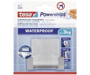 Tesa Powerstrips Crochet Double Auto-Adhésif Waterproof - Amovible, Haut Pouvoir de Fixation pour Objets Jusqu'à 3 Kg - Patère Adhésive pour Salle de Bains - Métal Étanche Duo