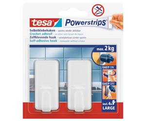 tesa Powerstrips Crochets LARGE CLASSIQUE - Crochet Adhésif Mural Amovible pour Verre, Carrelage, Bois, Plastique et autres Surface - Blanc - Peut supporter jusqu'à 2 kg