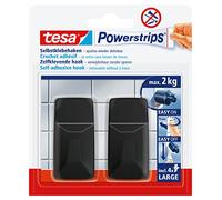 Tesa Powerstrips LARGE Crochets rectangulaires - Noir - Charge max. 2 kg | 2 crochets muraux autocollants - Pour verre, carrelage, bois, plastique et autres supports - S'enlèvent sans traces