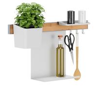 Tesa Rangement de Cuisine Combiné S - Barre de Crédence Autocollante avec Pot à Herbes, 2 Étagères, Barre à Crochets Comprenant 3 Crochets - Montage sans Perçage - Bambou/Blanc