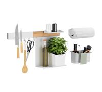 Tesa Rangement de Cuisine Combiné XL - Barre de Crédence Autocollante, Pot à Herbes, 2 Étagères, Organiseur d'Évier, Porte-couteau et Porte-rouleau, Barre à Crochets incl. 3 Crochets - Bambou/Blanc