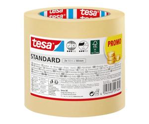 tesa Ruban de Masquage Standard - Lot de 2 - Adhésif Forte Adhérence pour le Masquage pendant les Travaux de Peinture - Sans Solvant - 2 x 50 m x 50 mm