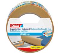 tesa Universal Rouleau de Ruban Adhésif Double Face pour Surfaces Lisses - Utilisation Polyvalente - Fixation de Moquette et Tapis, Emballage, Décoration - Marron - 25 mm x 50 mm
