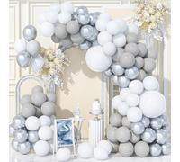 Teselife 140 Pièces Kit d'Arche Ballons Blanc Argent Gris, Kit de Guirlande Ballons Fête Blanc Argent Métallisé pour Anniversaire Baby Shower Anniversaire Mariage Carnaval Décorations Fête Fournitures