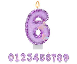 TESGADGETS Bougie d’Anniversaire Violette Chiffre 6, Bougies d’Anniversaire Papillon combinables pour gâteau, Bougie pailletée Chiffre 6 comme décoration de gâteau pour fêtes d’Anniversaire