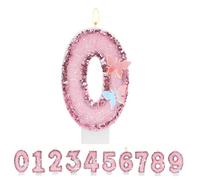 TESGADGETS Bougie d'anniversaire Rose Chiffre 0, Bougies d'anniversaire Papillon combinables pour gâteau, Bougie pailletée Chiffre 0 comme décoration de gâteau pour fête d'anniversaire