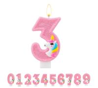 TESGADGETS Bougie d'anniversaire Rose Chiffre 3, Bougie de gâteau Motif Licorne, Topper de gâteau Scintillant Chiffre 3 pour fêtes d'anniversaire et Anniversaires de Mariage pour garçons et Filles