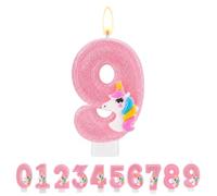 TESGADGETS Bougie d'anniversaire Rose Chiffre 9, Bougie de gâteau Motif Licorne, Topper de gâteau Scintillant Chiffre 9 pour fêtes d'anniversaire et Anniversaires de Mariage pour garçons et Filles