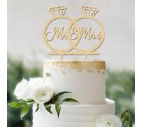 TESGADGETS Cake topper en bois pour mariage avec deux anneaux en diamant et inscription intérieure Mr & Mrs, prêt à l'emploi, décoration Just Married pour mariage fiançailles anniversaire