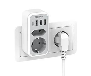 TESSAN 6 en 1 Chargeur Multiple, Multiprise Murale avec 2 Sortie AC et 4 Pors USB, Prise Électrique pour Bureau, Maison, Gris