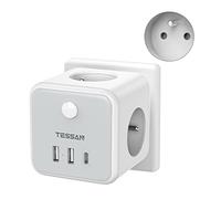 TESSAN 6 en 1 Chargeur USB Murale Prise, Multiple Française 3 Sortie AC avec 3 Ports USB, Multiprise Cube avec Interrupteur, Adaptateur Secteur 2500W, Convient pour Domicile, Bureau, Gris