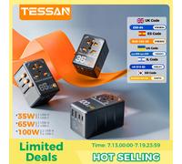 TESSAN - adaptateur de voyage universel GaN 100W, avec USB et Type C, charge rapide, prise International, prise EU/UK/US/AUS pour voyage White 65W