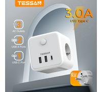 TESSAN - extension de prise murale Multiple, avec 3 prises, 2 USB, 1 Type C Cube, adaptateur de prise électrique avec interrupteur, Protection contre les surcharges Gray 3 USB Type C