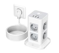 TESSAN Multiprise avec Interrupteur, Rallonge Electrique 2M, Gris | Prise Multiple 8 Sorties AC avec 1 USB,C et 2 USB A, Parafoudre et Surtension, 3600W Tour Multiprise pour Maison, Bureau