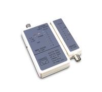 Testeur de câble réseau Inter-Tech 88887209 : RJ-11, RJ-45, test court-circuit et transmission, couleur grise, indicateurs LED, alimentation 9V, 110g.