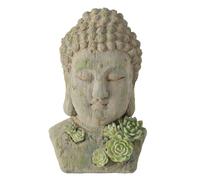 Tête de Bouddha déco, buste avec fleurs de lotus, résine synthétique gris vert, H 35 cm