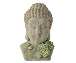 Tête de Bouddha déco, buste avec fleurs de lotus, résine synthétique gris vert, H 35 cm