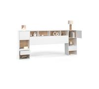 IDMarket Tête de lit sur pied CAMPHA 240 cm avec chevets tiroir, placards et niches bois et blanc