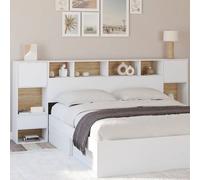 Tête de lit sur pied CAMPHA 240 cm avec chevets tiroir + placards + niches bois et blanc