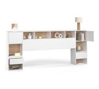 IDMarket - Tête de lit sur Pied CAMPHA 240 cm avec chevets tiroir + placards + niches Bois et Blanc