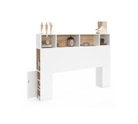 Tête de lit sur pied CLEO 145 cm avec rangements fermés et niches blanc et façon hêtre