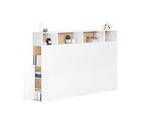 Tête de lit sur pied CLEO 165 cm avec rangements fermés et niches blanc et façon hêtre