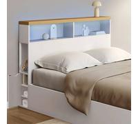 Tête de lit sur pied LUNA à LEDS 145 cm avec rangements fermés et niches blanc et plateau effet bois