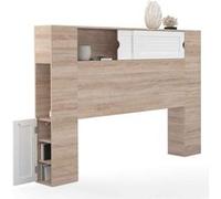 Tête de lit sur pied SALEM 145 cm avec rangements fermés et niches bois et blanc Blanc G