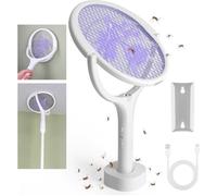 Tête Rotative Raquette Electrique Insectes avec Rallonge Télescopique,3500V 1200 mAh Lampe Anti Moustique-Blanc