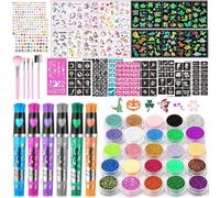 TEUVO 25 Couleurs Tatouage Paillette Enfant - 225Pochoirs, 6 Stylos, 2 Feuilles de Strass, 20 Feuilles Motifs de Tatouages Styles Mélangés, Tatouages Temporaires pour Enfant Noël Halloween Carnaval