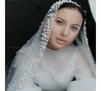 TEWAX Voile de mariée en perles Femme Blanc ivoire 2023 Nouveaux accessoires de mariage 1,5m de large Un étage cathédrale